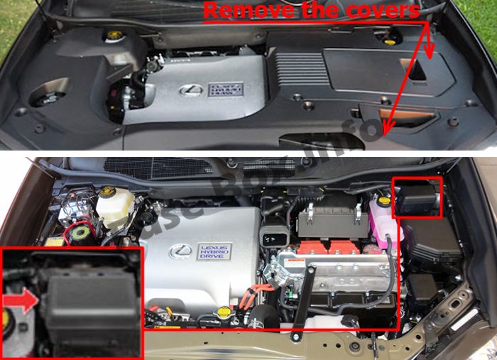 Расположение предохранителей в моторном отсеке: Lexus RX 450h (2010-2015)