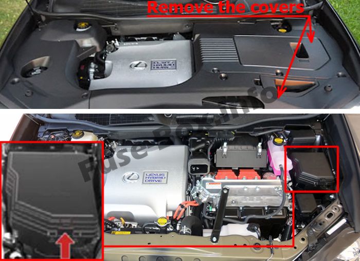 Расположение предохранителей в моторном отсеке: Lexus RX 450h (2010-2015)