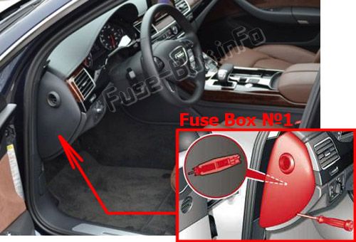 Audi A8 / S8 (D4 / 4H; 2011, 2012, 2013, 2014, 2015, 2016, 2017) Расположение блока предохранителей Расположение предохранителей в салоне: Audi A8 / S8 (D4 / 4H; 2011, 2012, 2013, 2014, 2015, 2016, 2017)