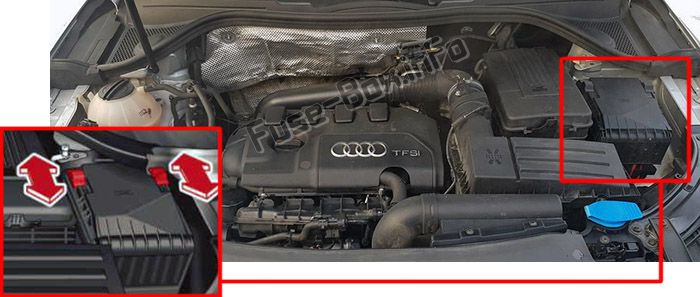 Расположение предохранителей в моторном отсеке: Audi Q3 (8U; 2011, 2012, 2013, 2014, 2015, 2016)