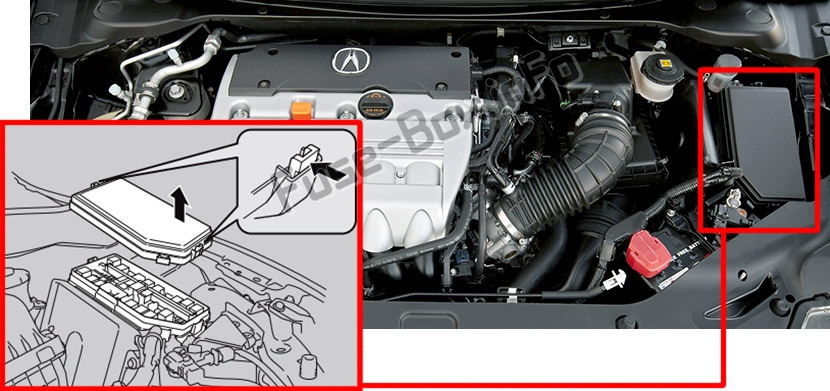 Acura ILX (2013-2018) Расположение предохранителей в моторном отсеке: 