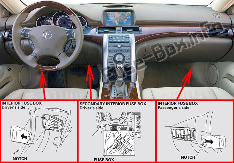 Расположение предохранителей в салоне: Acura RL (KB1 / KB2; 2005-2012)