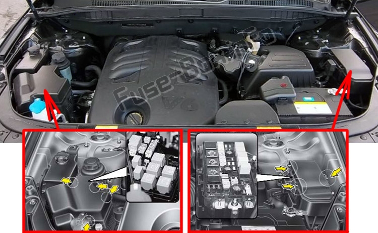 Расположение предохранителей в моторном отсеке: Hyundai Veracruz / ix55 (2007-2012)