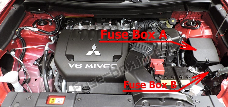 Расположение предохранителей в моторном отсеке: Mitsubishi Outlander (2014-2019 ..)