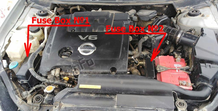 Расположение предохранителей в моторном отсеке: Nissan Teana (J31; 2003-2008)