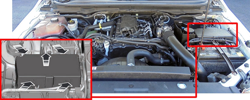 Расположение предохранителей в моторном отсеке: Ford Ranger (2012-2015 гг.)